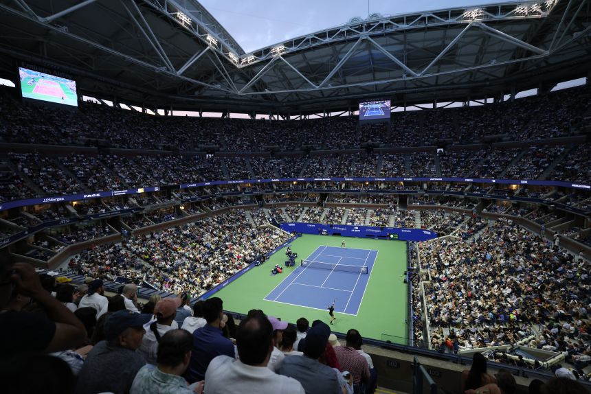 A general view shows Arthur Ashe Stadium during the men's singles first round tennis match between Serbia's Novak Djokovic and USA's Learner Tien.