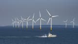 Burbo Bank, Liverpool Bay, England, viewed from the sea turbines on Burbo wind farm off the U.K. coast.