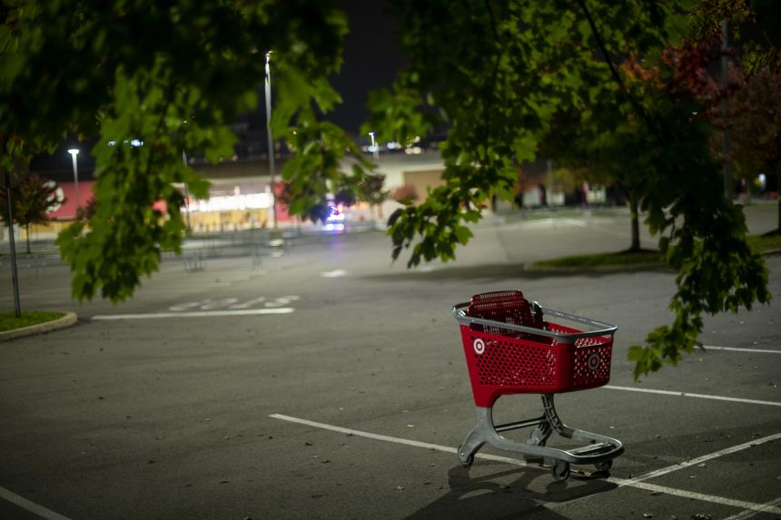 A Target shopping cart remains in a vacant parking lot in October 2020 in Philadelphia, Pennsylvania.