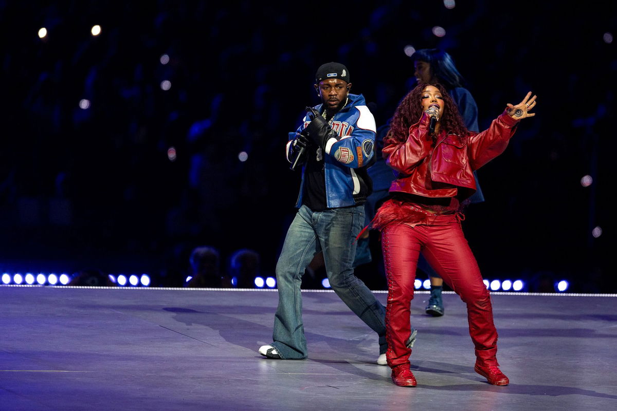 Michael Owens/Getty Images via CNN NewsourceKendrick Lamar performs with SZA at the 2025 Super Bowl halftime show.