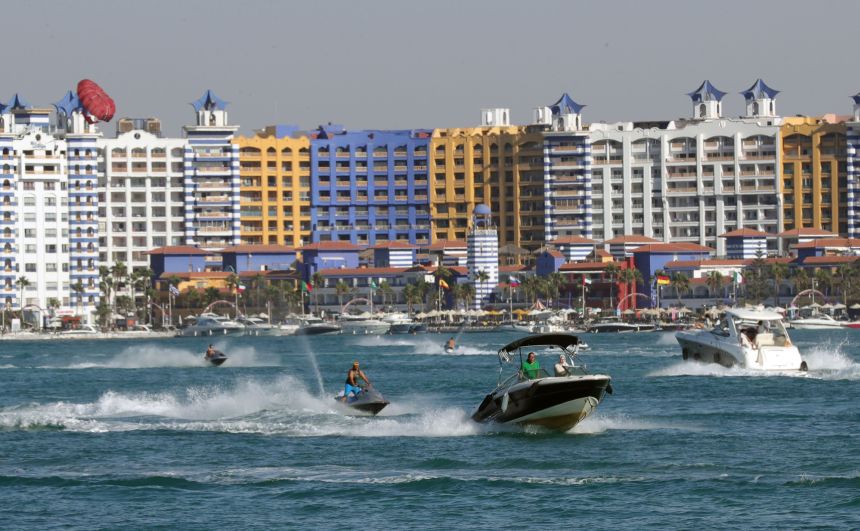 Speed boats on the water near New Alamein City, on Egypt's North Coast, 260 km northwest of Cairo, in August 2023.