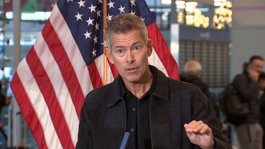 Transportation Secretary Sean Duffy speaks during a press conference at Chicago O’Hare International Airport on November 11, just before the end of the government shutdown.