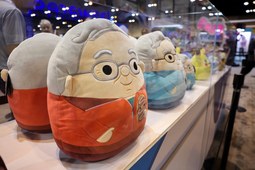 Squishmallows resembling Berkshire Hathaway chairman Warren Buffett and former vice chairman Charlie Munger at the Berkshire Hathaway annual shareholders' meeting in Omaha, Nebraska, on May 3, 2024.