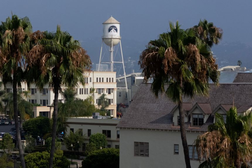 A drone view shows the Paramount water tower on the Paramount studio lot in Los Angeles, California, on August 5.