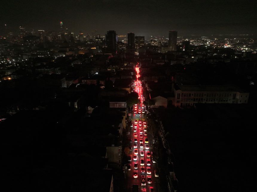 A view of traffic from above as more than 130,000 PG&E customers went without power in San Francisco, California, on December 20, 2025.