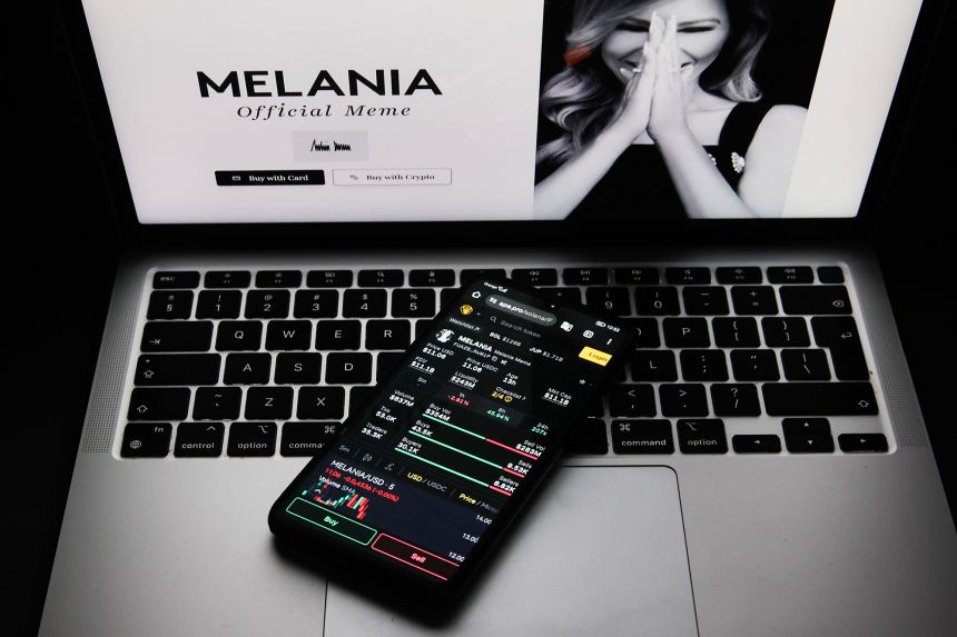 Melania Meme price is displayed on a mobile phone.