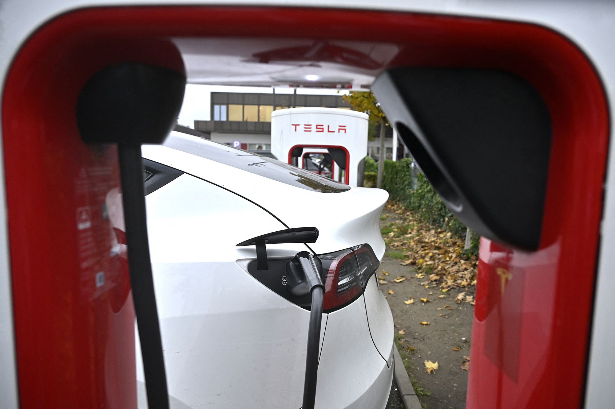 <i>Ina Fassbender/AFP/Getty Images via CNN Newsource</i><br/>An electric charging station for Tesla cars in Bochum