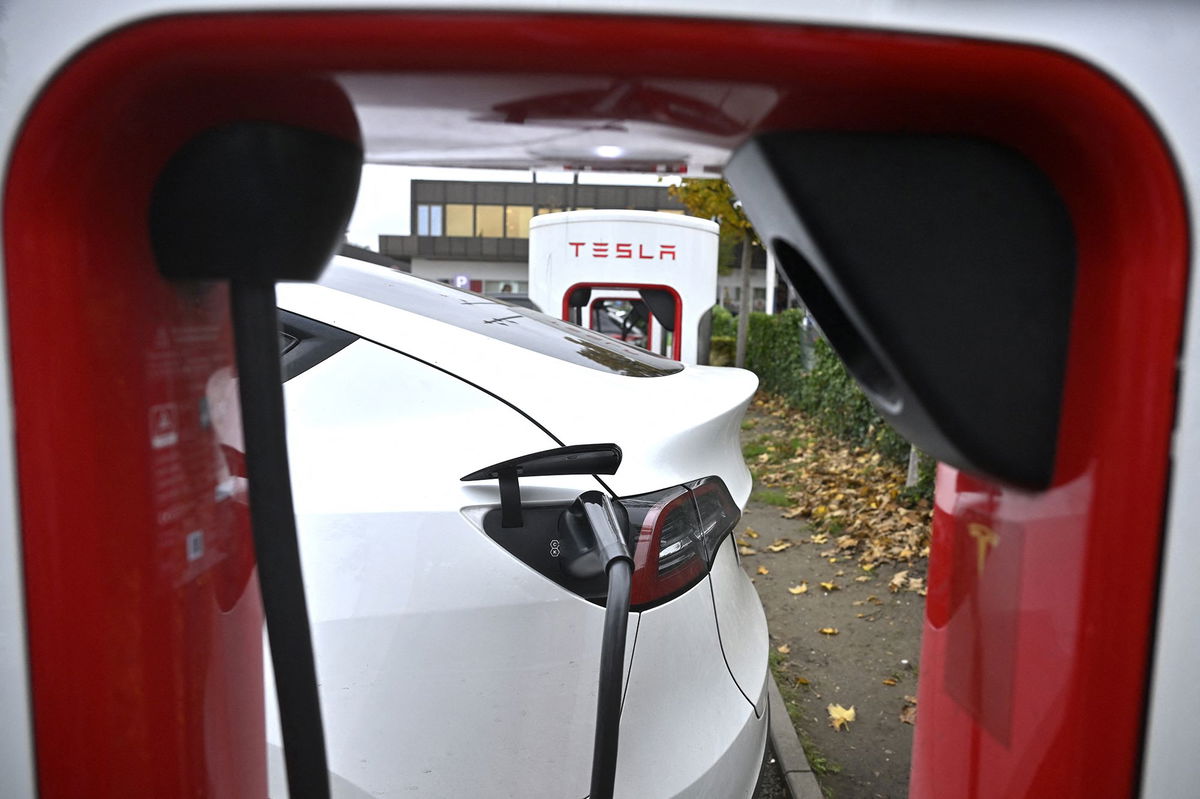 <i>Ina Fassbender/AFP/Getty Images via CNN Newsource</i><br/>An electric charging station for Tesla cars in Bochum