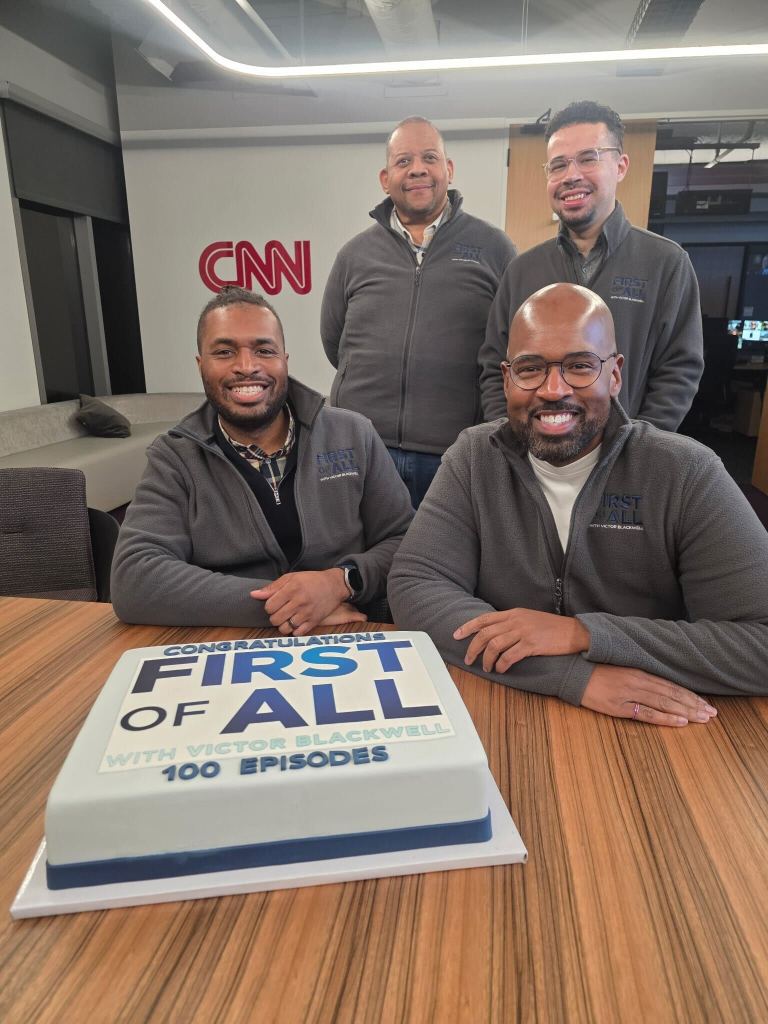 Image of the First of All team. From left to right:  Seated Sidney Wright IV, EP, Victor Blackwell, Darian Billington, Editorial Producer, and Hyan de Freitas, Senior Producer.