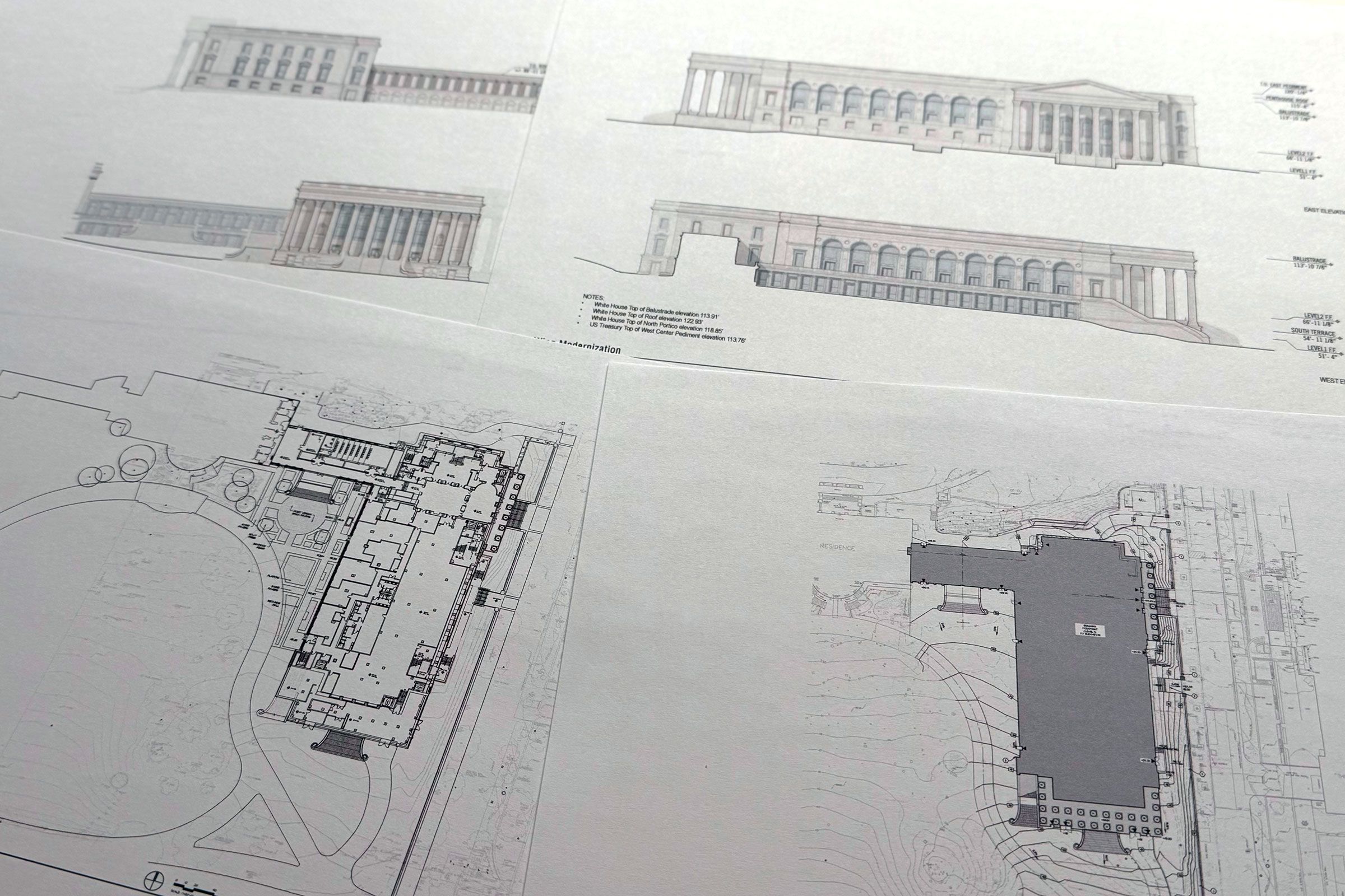 Jon Elswick/AP via CNN NewsourceArtist renderings and diagrams of the new White House ballroom are photographed on February 17.