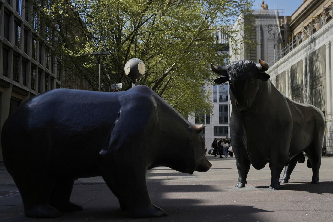 The bull and bear sculptures outside the stock market in Frankfurt, Germany, on April 16.