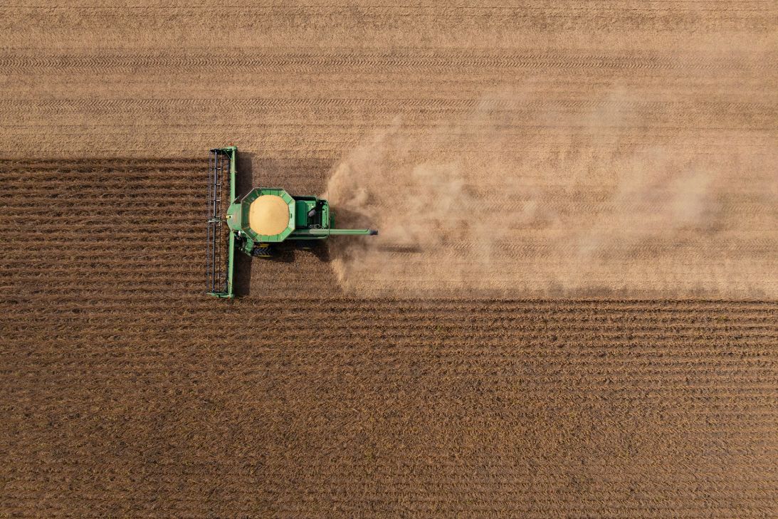 A combine harvester during a soybean harvest at a farm outside St. Peter, Minnesota.