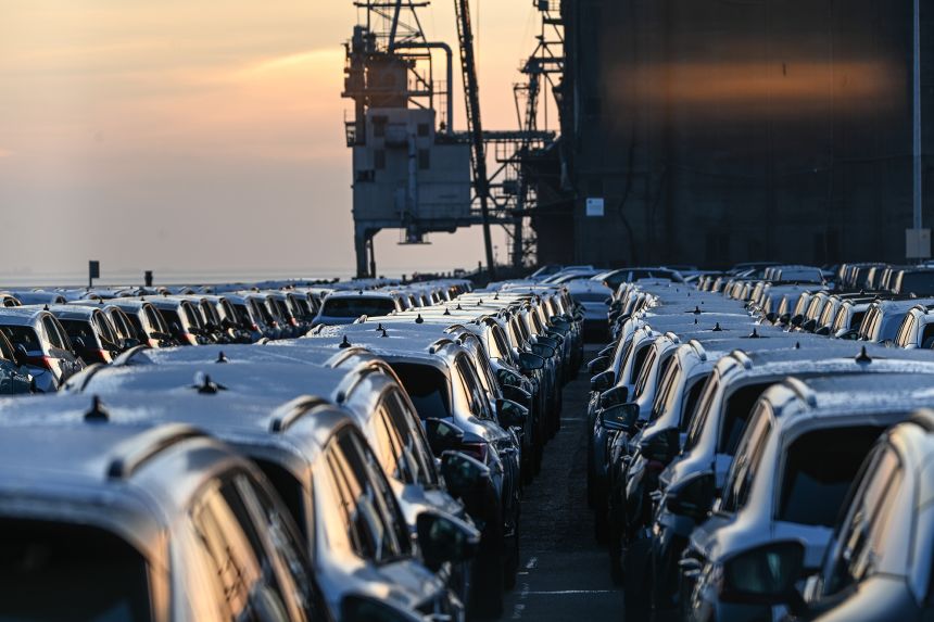 Cars on a loading pier in January 2026 in Emden, Germany.