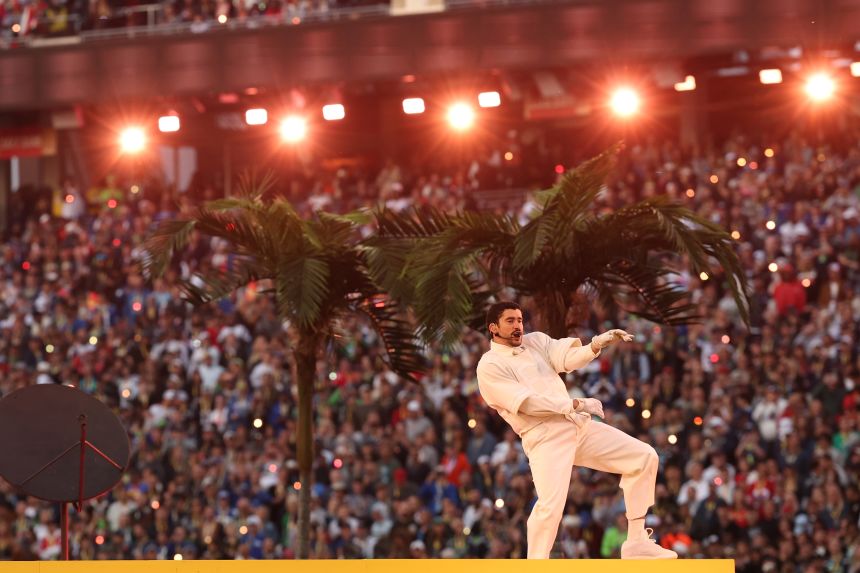 Bad Bunny performs onstage during the Apple Music Super Bowl LX Halftime Show at Levi's Stadium on Sunday in Santa Clara, California.