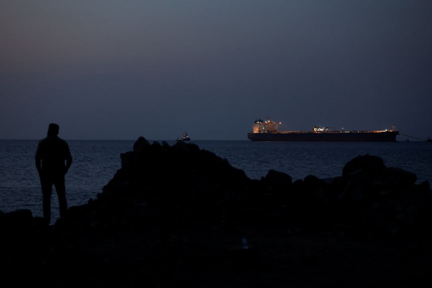 The Parnassos crude oil tanker sits anchored as traffic is down in the Strait of Hormuz.