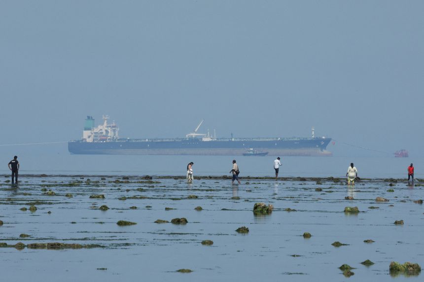 The MT Desert Kite, a tanker carrying Russian oil, is pictured behind Narara Marine National Park in the Arabian Sea, Gujarat, India, on March 11, 2026.