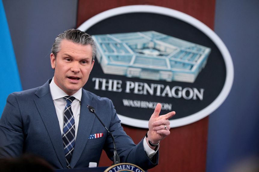 Defense Secretary Pete Hegseth holds a briefing with Chairman of the Joint Chiefs of Staff General Dan Caine at the Pentagon in Washington, DC, on March 19.