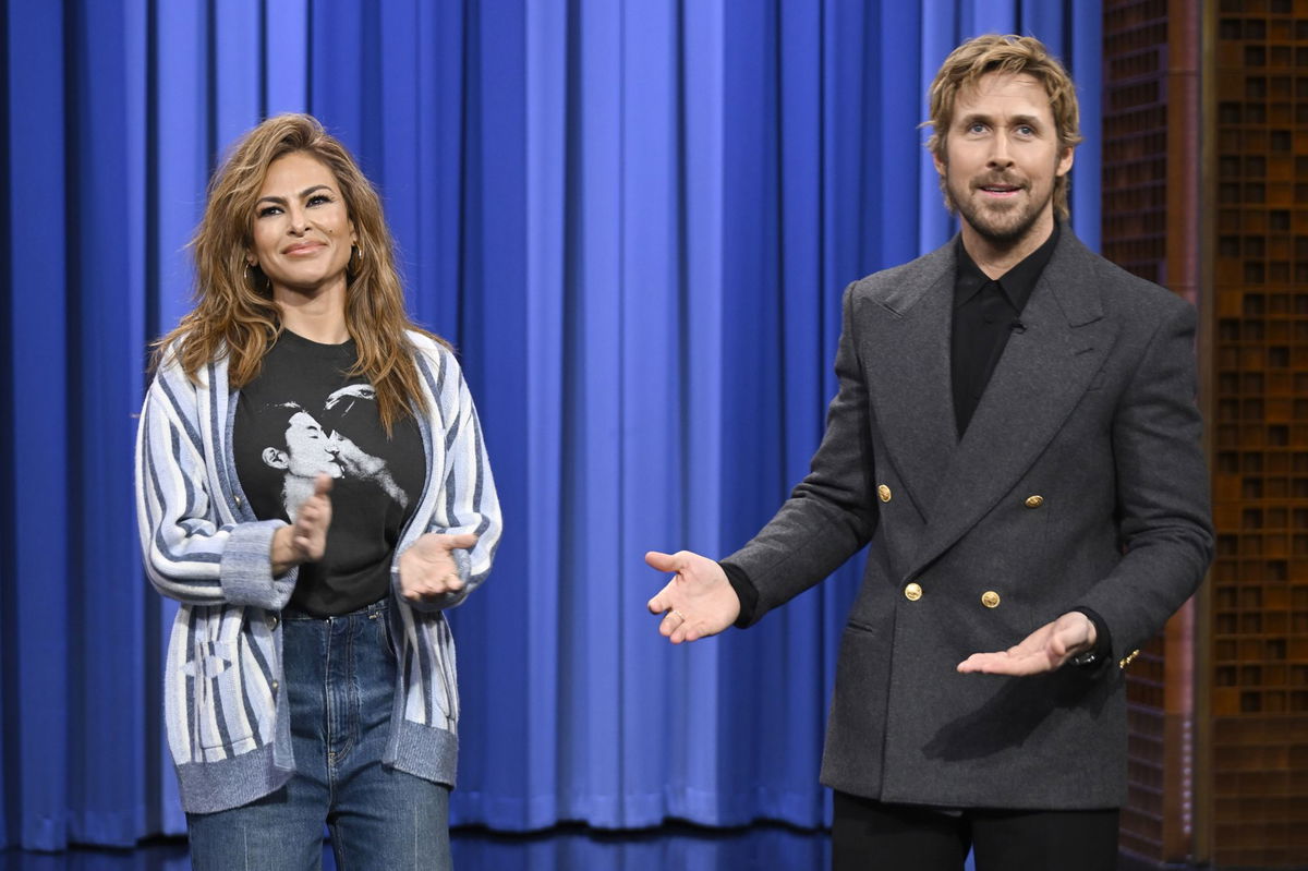 <i>Todd Owyoung/NBC/Getty Images via CNN Newsource</i><br/>Ryan Gosling (right) brought Eva Mendes (left) onstage during a recording of "The Tonight Show Starring Jimmy Fallon" on Thursday