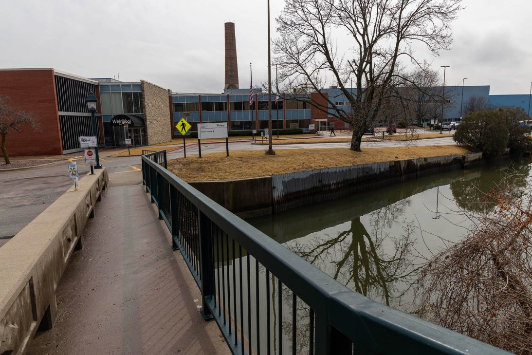 Exterior of the Whirlpool Amana factory. More than 100,000 American manufacturing workers have lost their jobs since President Donald Trump entered office last year.