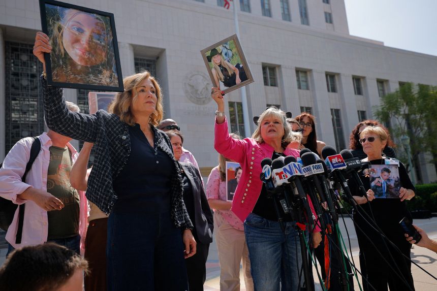Lori Schott and Julianna Arnold, who blame social media for the deaths of their teen daughters, speak outside Los Angeles Superior Court after a jury found Meta and YouTube liable in a key test case accusing addicting and harming a young woman, on March 25, 2026.