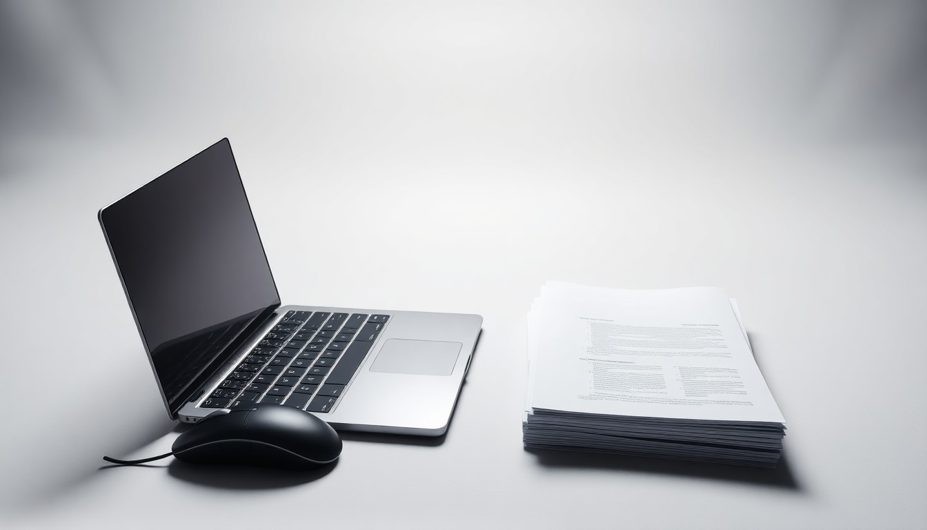 A minimalist studio still life photograph featuring a sleek laptop computer, wireless mouse, and business documents, symbolizing the digital transformation of a major media company.