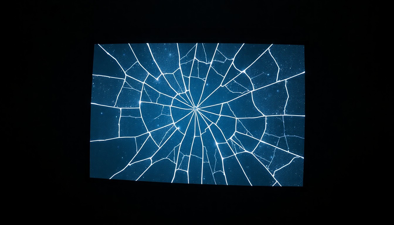 An extreme close-up photograph of a cracked, glittering television screen illuminated by dramatic studio lighting, conveying the conceptual idea of the fragility and distortion of celebrity news.