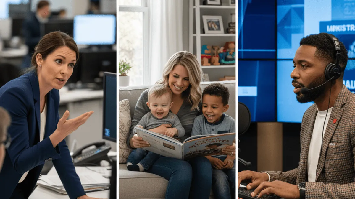 A triptych showing Lisa Respers France in an office, Dylan Dreyer with her children, and Headkrack at a broadcast desk.
