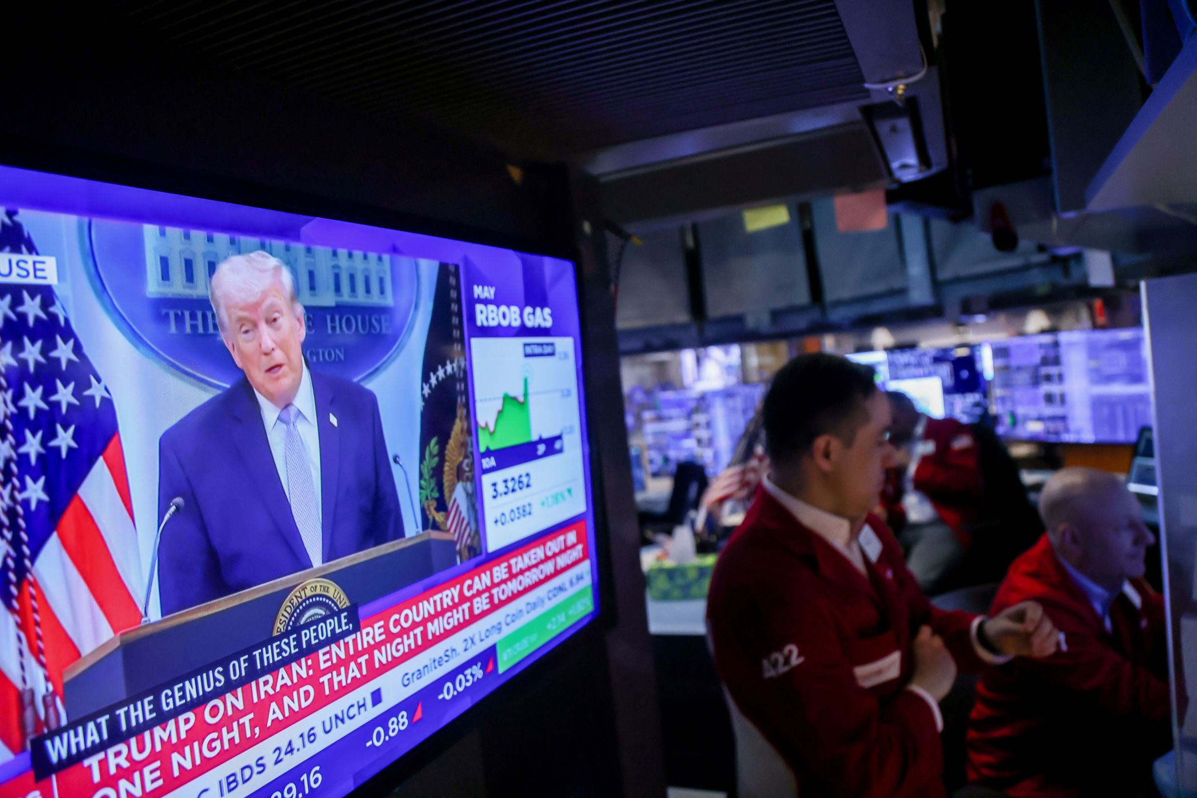 Michael Nagle/Bloomberg/Getty Images via CNN NewsourcePresident Donald Trump is shown on a TV on the floor of the New York Stock Exchange on April 6.