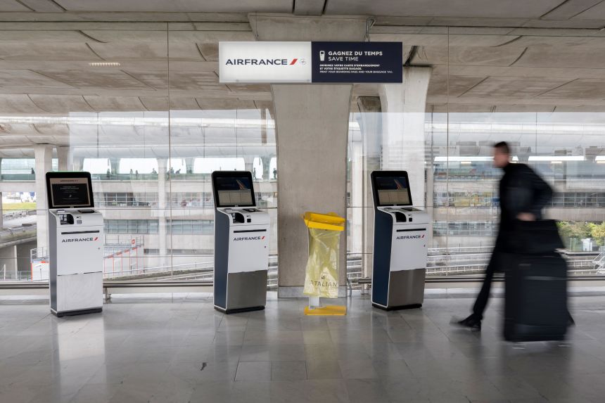 Self-check in machines at Paris Charles de Gaulle Airport in Paris, France, on April 16.