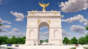Trump’s arch moves ahead — but shrinks by eight feet and four lions
