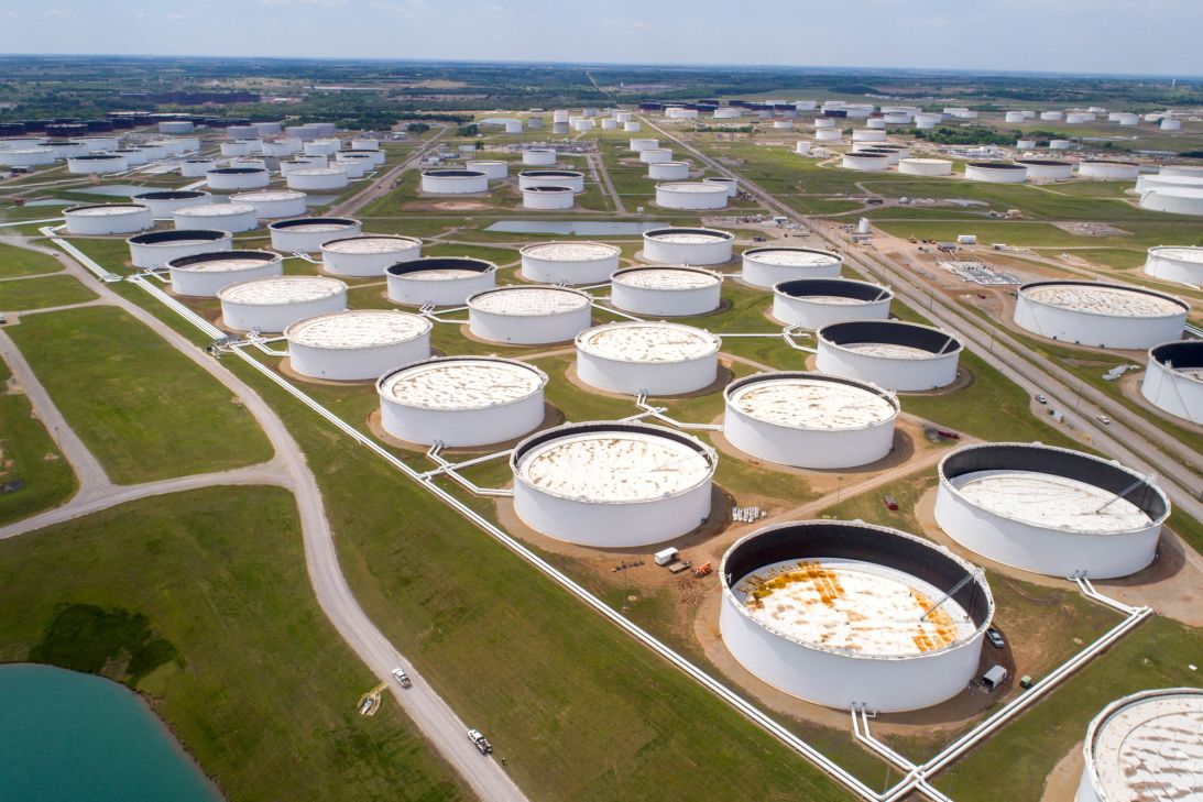 Crude oil storage tanks are seen in an aerial photograph at the Cushing oil hub in Cushing, Oklahoma, on April 21, 2020.