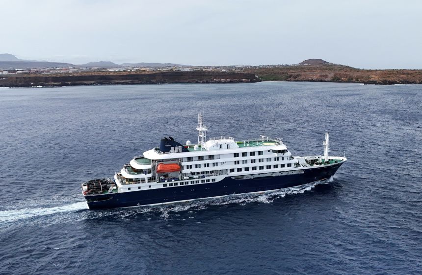 The cruise ship MV Hondius, carrying passengers suspected of having hantavirus, leaves Praia, Cape Verde.