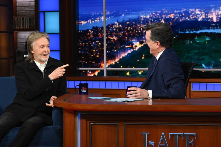 The Late Show with Stephen Colbert and guest Paul McCartney during Thursday’s show.