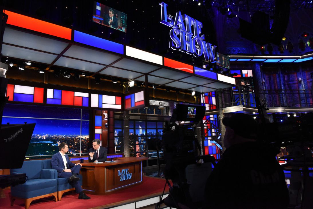 “The Late Show” with Stephen Colbert and his guest, former Sec. Pete Buttigieg, during a show on March 4, 2025.