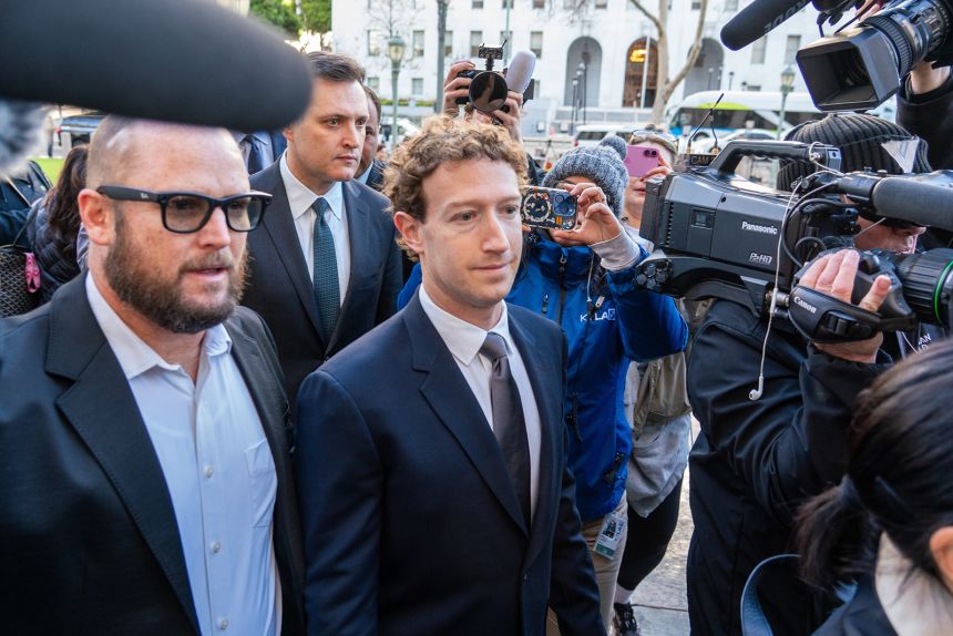 Meta CEO Mark Zuckerberg arriving at a Los Angeles courthouse for a trial where a jury found the company addicted and harmed a young woman. The company says its influencer partnerships are intended to spread the word about safer settings.