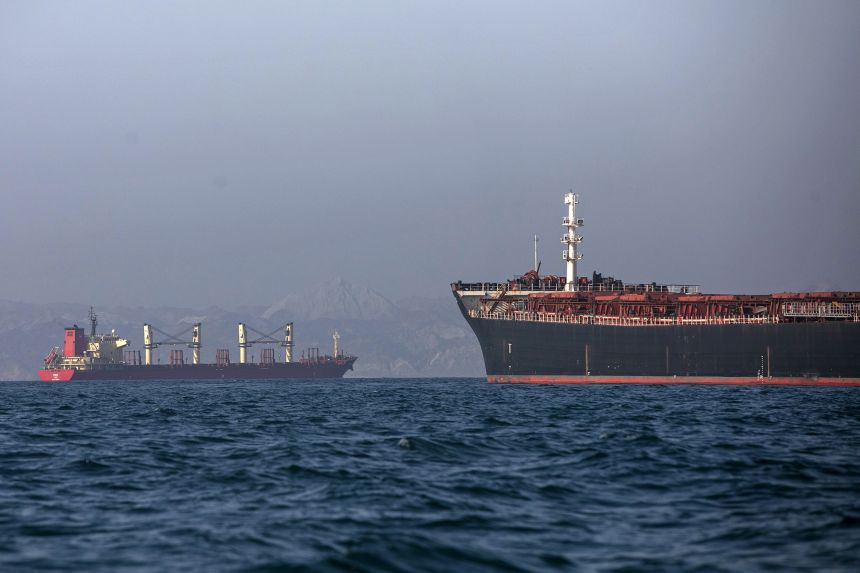 Ships remain anchored on May 16, 2026, in the Strait of Hormuz near Larak Island, Iran. Negotiations between the US. and Iran over opening this critical waterway have largely stalled as the countries have rejected each other's proposals to end the war that began when the US and Israel attacked Iran on February 28.