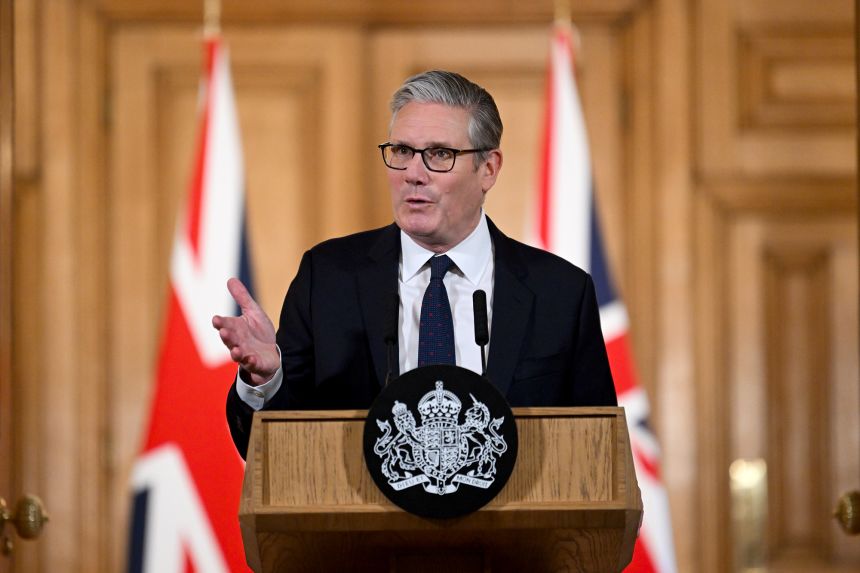 UK Prime Minister Keir Starmer pictured at a news conference announcing the social media ban on Monday.