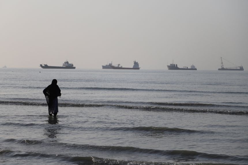 Vessels in the Strait of Hormuz are visible near the beach of Bandar Abbas, Iran, on June 1.