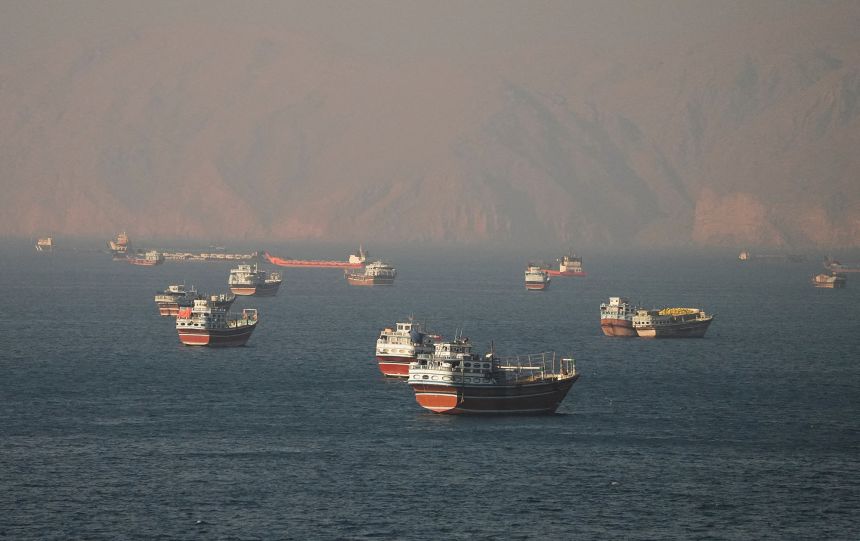 Vessels at the Strait of Hormuz, as seen from Musandam, Oman, on June 15, 2026.