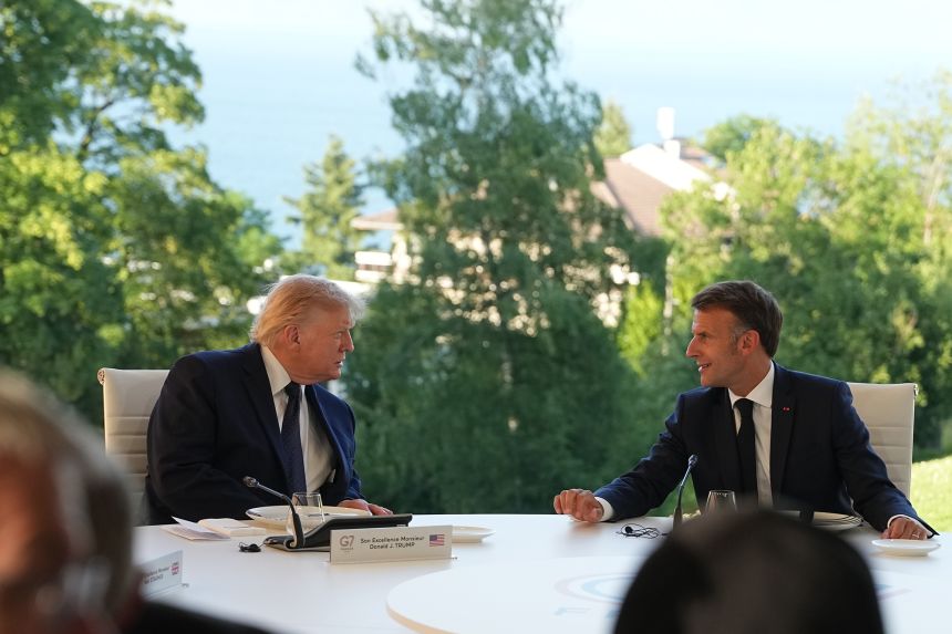 President Donald Trump, left, and French President Emmanuel Macron during a working dinner at the G7 summit in Evian-les-Bains, France, on June 15, 2026.