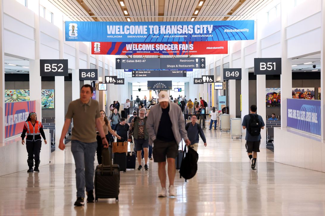 World Cup signage greets travelers at the Kansas City airport ahead of the 2026 World Cup on May 5, 2026 in Kansas City, Missouri.