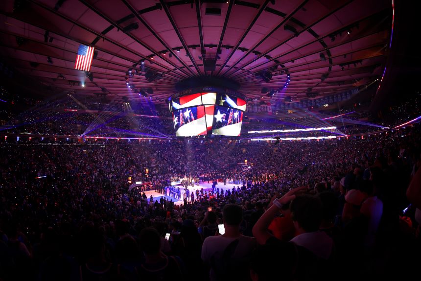 General view of Madison Square Garden during the national anthem before game four of the 2026 NBA Finals on June 10, 2026.