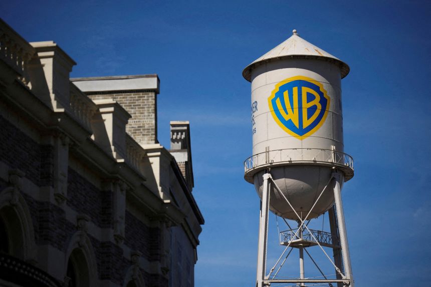 The Warner Bros. Water Tower is pictured at Warner Bros. Studios in Burbank, California, on February 27, 2026.
