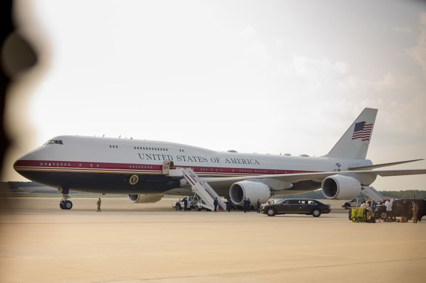 President Donald Trump arrives aboard the new Air Force One aircraft, gifted to the US by Qatar's government, at Joint Base Andrews, Maryland, on July 1.