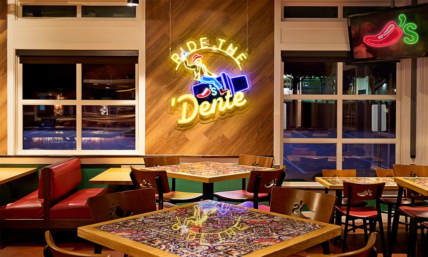 The bar seating area of a remodeled Chili's.