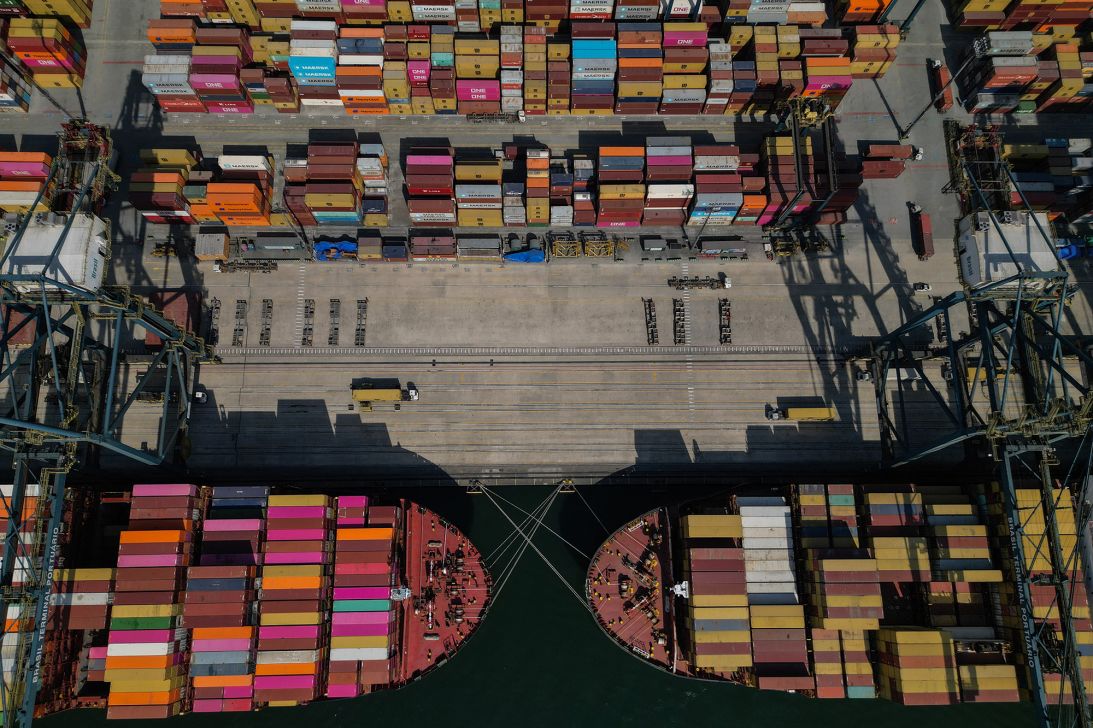 An aerial view picture of the port of Santos, the largest port complex in Latin America and one of the largest in the world, taken on July 17, 2025, in Santos, Sao Paulo state, Brazil.