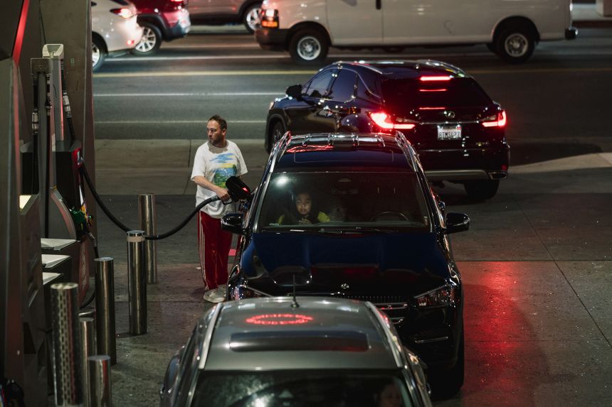 Drivers refuel vehicles at a Speedway gas station in Los Angeles on July 2, 2026.