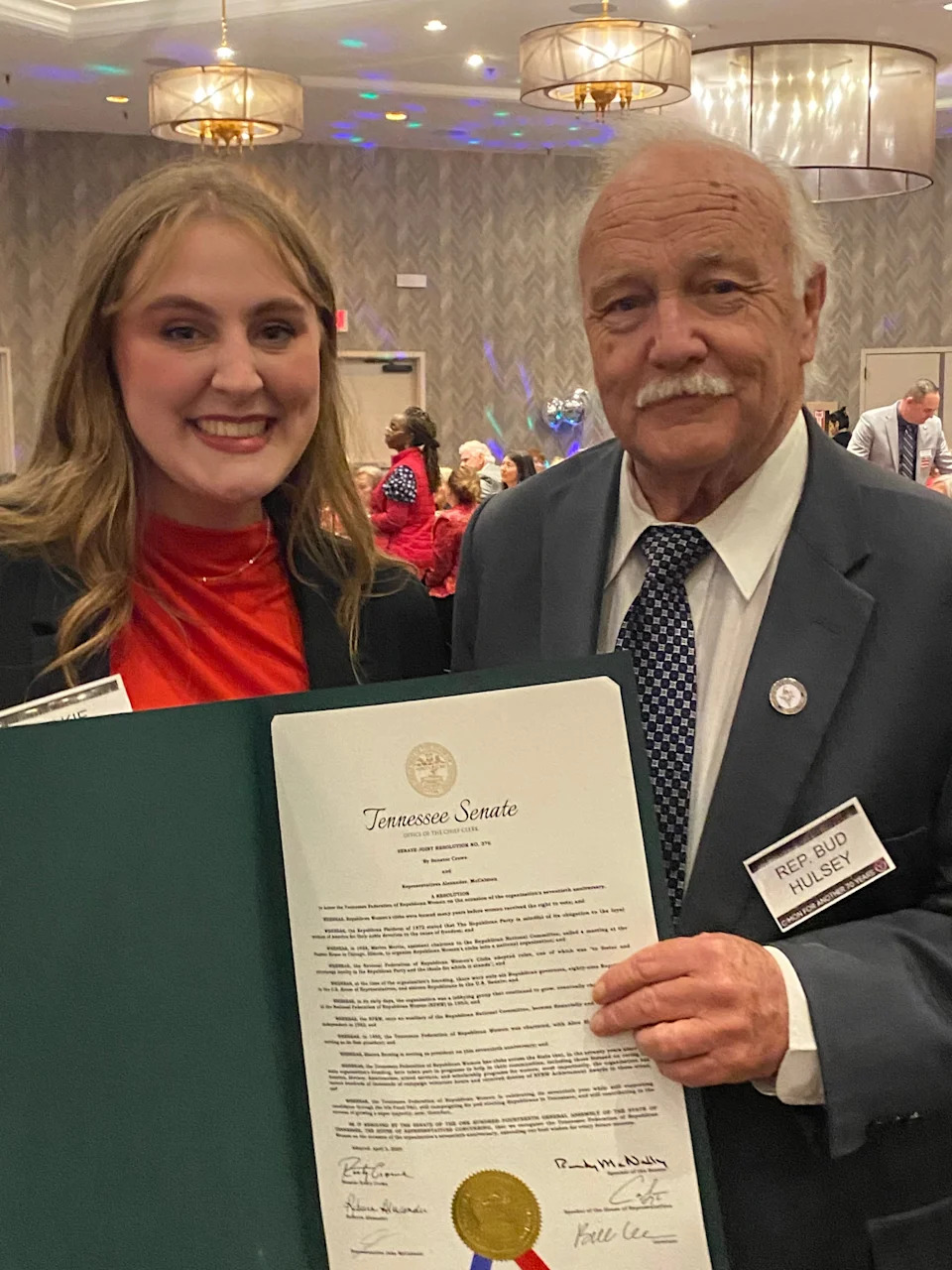 Lakie Derrick and state Rep. Bud Hulsey, R-Kingsport. Derrick co-authored a Nuclear Family Month resolution that Hulsey sponsored and Gov. Bill Lee signed.